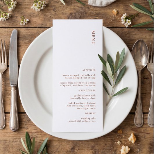 Modernes Hochzeitsmenü der Terracotta Menükarte