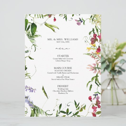 Modernes Hochzeitsmenü der Wildblume Calligraphy S Menükarte (Stehend Vorderseite)