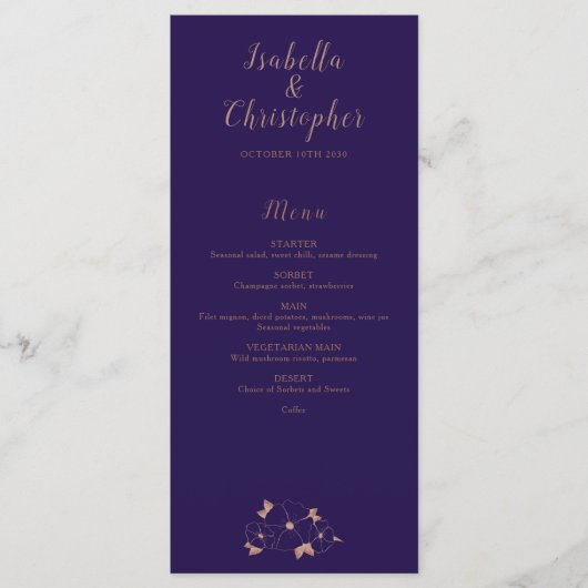 Modernes Hochzeitsmenü mit Kupfer und Blumen Menükarte (Vorderseite)