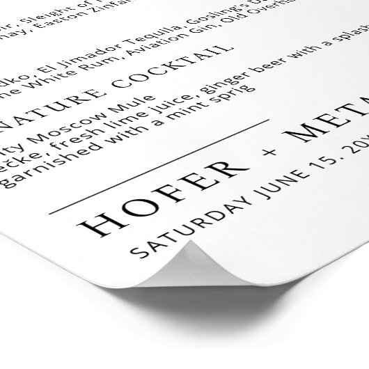 Modernes Hochzeitsmenü mit Minimalistischem Hochze Poster (Ecke)