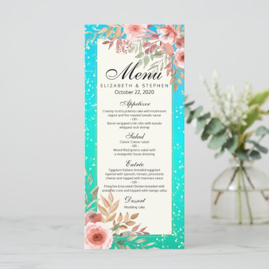 Modernes Hochzeitsmenü Rosa Aquamarines Flora-Conf Menükarte (Stehend Vorderseite)