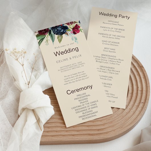 Modernes Hochzeitsprogramm der Burgunder Marine Bl Programm