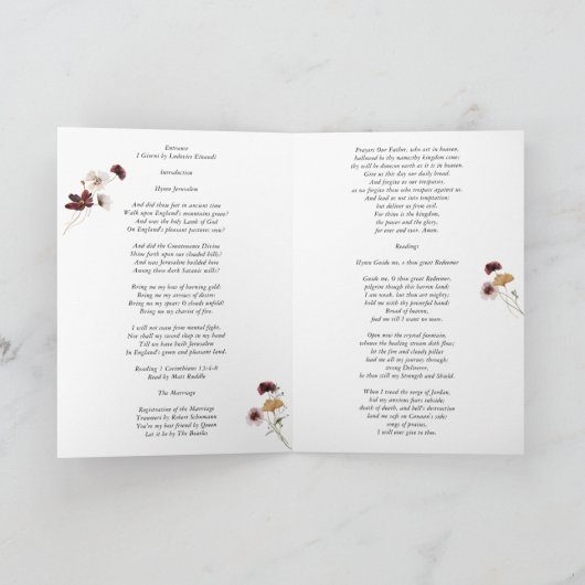 Modernes Hochzeitsprogramm für Boho-Burgund-Wildbl Programm (Innenseite)