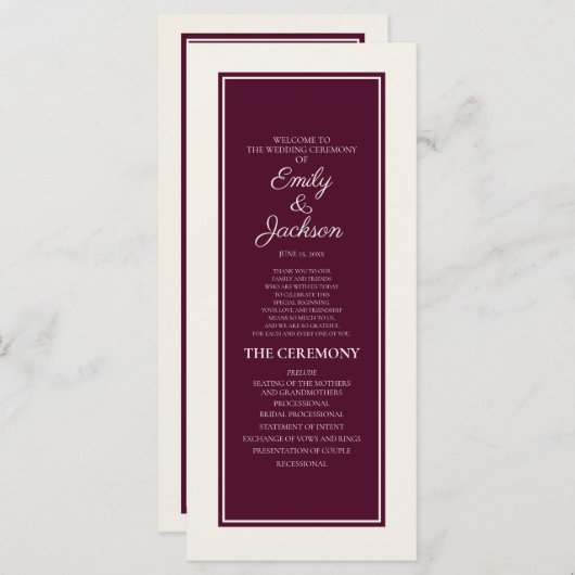 Modernes Hochzeitsprogramm für Cream Burgundy Programm (Vorne/Hinten)