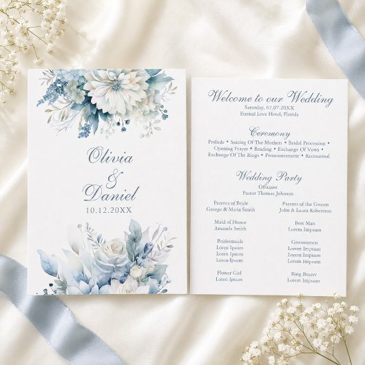 Modernes Hochzeitsprogramm für Dusty Blue Wildblum Programm
