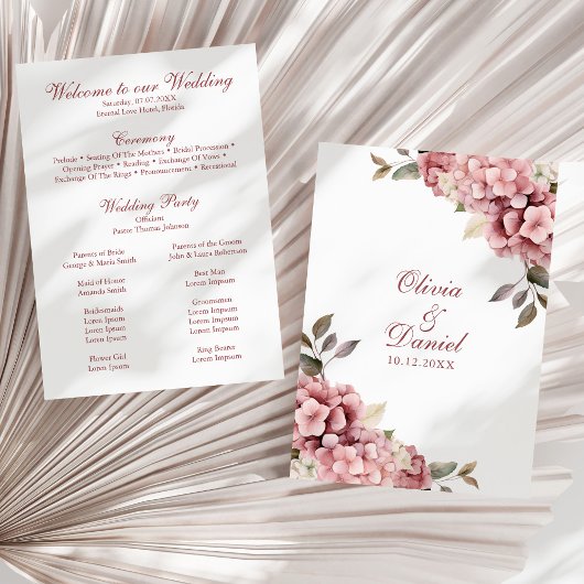 Modernes Hochzeitsprogramm für Dusty Rose Hydrange Programm