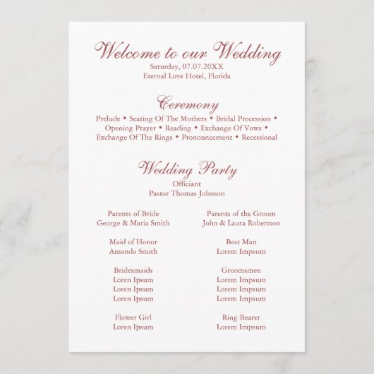 Modernes Hochzeitsprogramm für Dusty Rose Hydrange Programm (Rückseite)