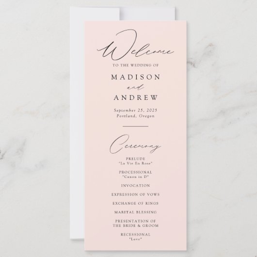 Modernes Hochzeitsprogramm für Elegante Blush (Vorderseite)