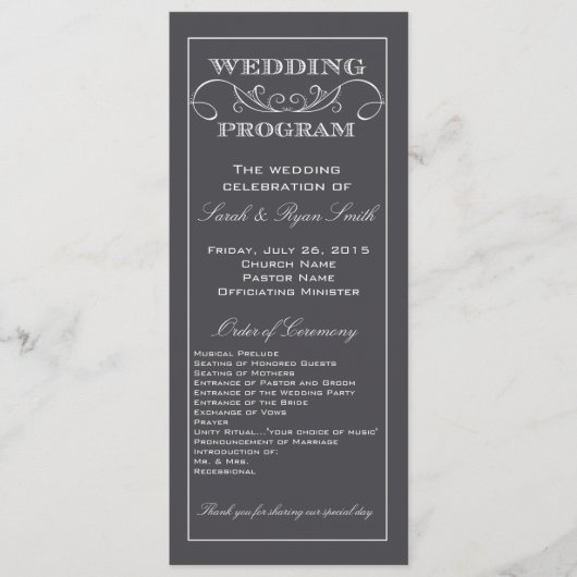 Modernes Hochzeitsprogramm für Holzkohle und Grau Programm (Vorderseite)