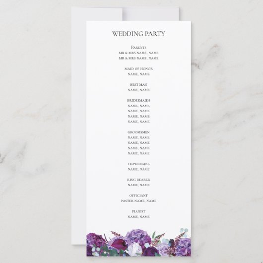 Modernes Hochzeitsprogramm für Lila Blumengeometri (Rückseite)