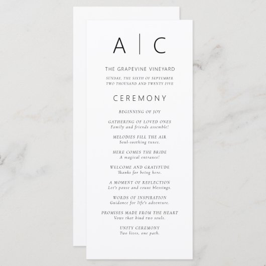 Modernes Hochzeitsprogramm für Minimalistische Typ (Vorne/Hinten)