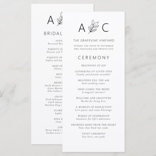 Modernes Hochzeitsprogramm für Minimalistische Typ (Vorne/Hinten)