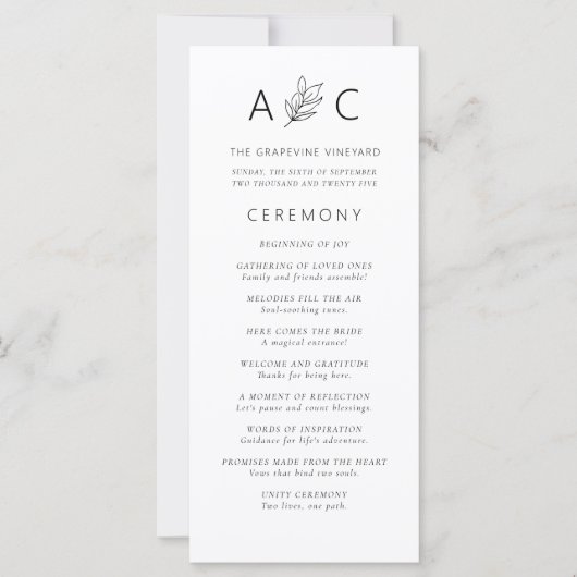 Modernes Hochzeitsprogramm für Minimalistische Typ (Vorderseite)