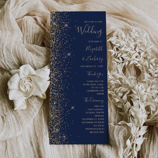 Modernes Hochzeitsprogramm für Navy Blue Gold Glit