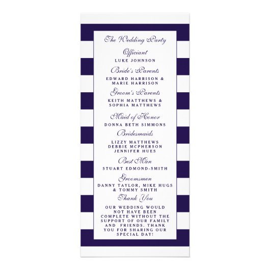 Modernes Hochzeitsprogramm für Navy Blue & White S Werbekarte (Hinten)