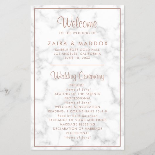 Modernes Hochzeitsprogramm für Rose-Gold-Marmor (Vorne)