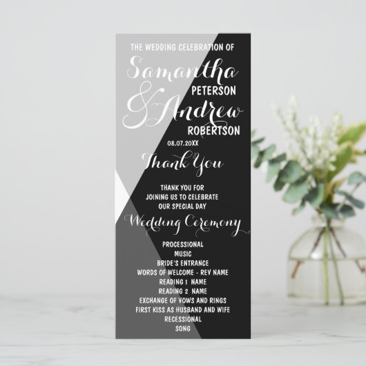 Modernes Hochzeitsprogramm für Schwarz-weiße Dreie Programm (Stehend Vorderseite)