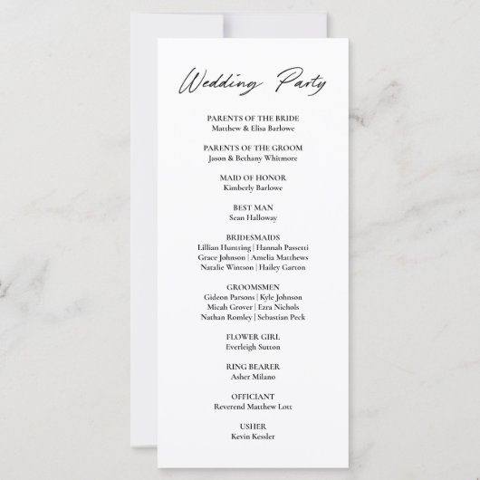 Modernes Hochzeitsprogramm für Schwarze und Weiße  (Rückseite)