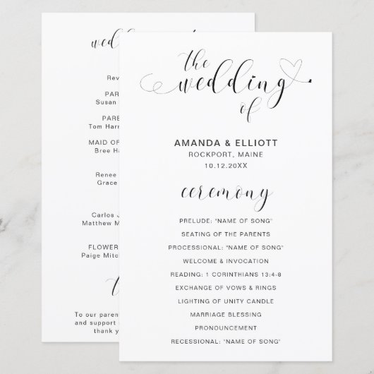 Modernes Hochzeitsprogramm für Schwarzes und Weiß  (Vorne/Hinten)