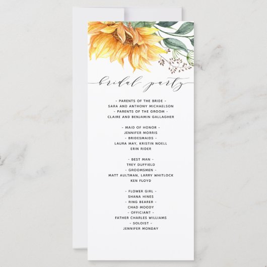 Modernes Hochzeitsprogramm für Sonnenblumen (Rückseite)