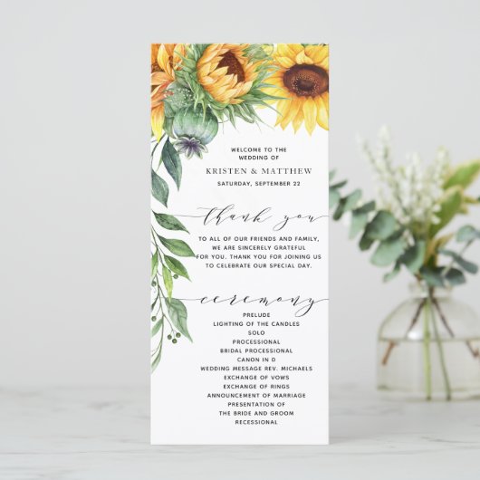 Modernes Hochzeitsprogramm für Sonnenblumen (Stehend Vorderseite)