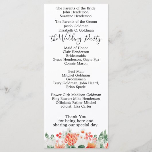 Modernes Hochzeitsprogramm für Wasserfarben-Wildbl Programm (Rückseite)