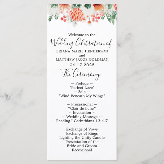 Modernes Hochzeitsprogramm für Wasserfarben-Wildbl Programm (Vorderseite)