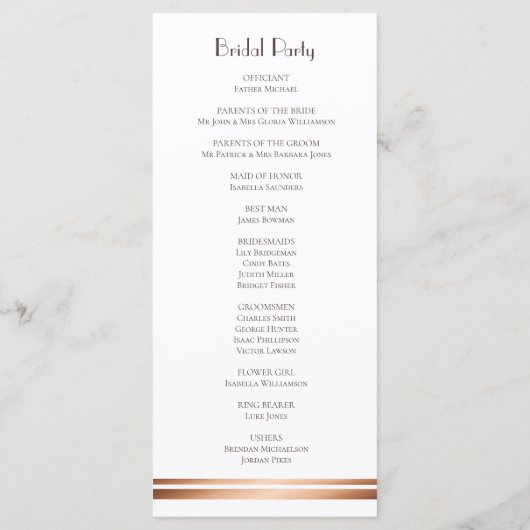 Modernes Hochzeitsprogramm für Weiß und Kupfer Programm (Rückseite)