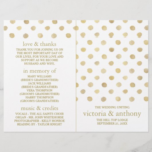 Modernes Hochzeitsprogramm für White & Gold Polka (Vorderseite)