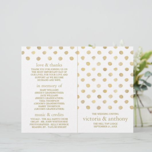 Modernes Hochzeitsprogramm für White & Gold Polka  (Stehend Vorderseite)