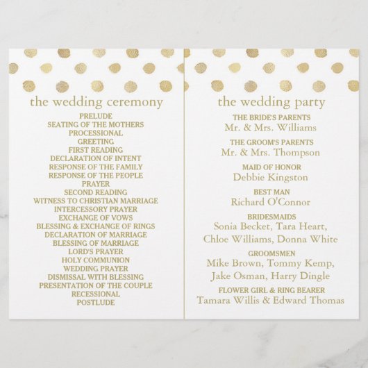 Modernes Hochzeitsprogramm für White & Gold Polka (Rückseite)