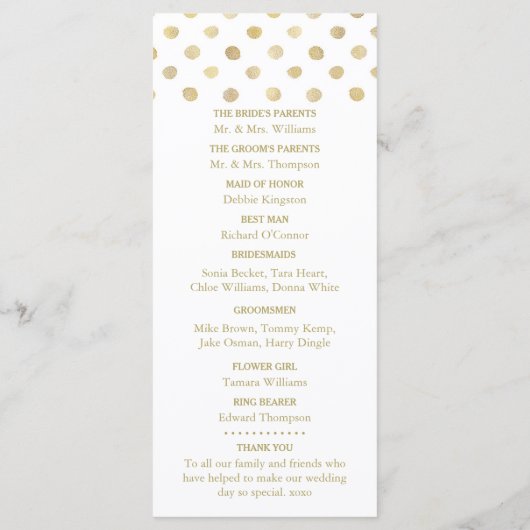 Modernes Hochzeitsprogramm für White & Gold Polka Programm (Rückseite)