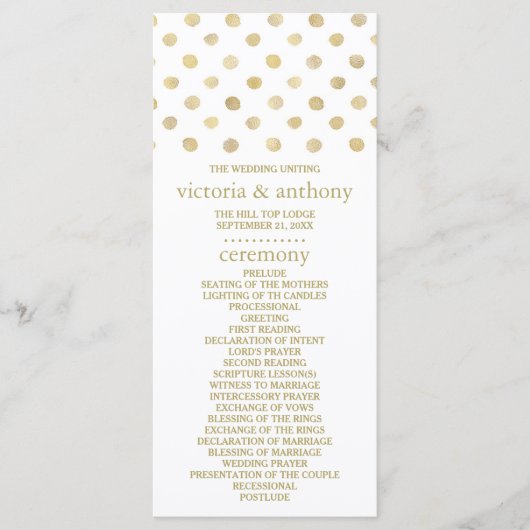 Modernes Hochzeitsprogramm für White & Gold Polka Programm (Vorderseite)