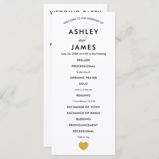 Modernes Hochzeitsprogramm für Zeremonie, Goldenes Programm (Vorne/Hinten)