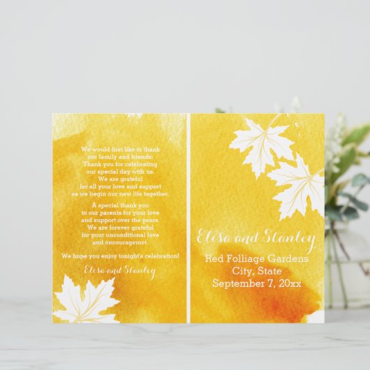 Modernes Hochzeitsprogramm in Aquarellgelb (Stehend Vorderseite)