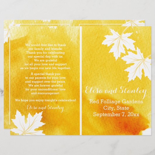 Modernes Hochzeitsprogramm in Aquarellgelb (Vorne/Hinten)