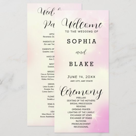 Modernes Hochzeitsprogramm in Rosa Gelb und Weiß (Vorne/Hinten)