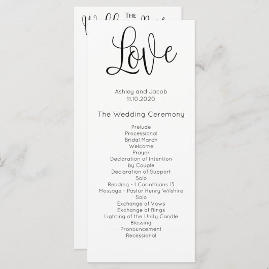 Modernes Hochzeitsprogramm. Liebe. Einfache Zeremo Programm (Vorne/Hinten)