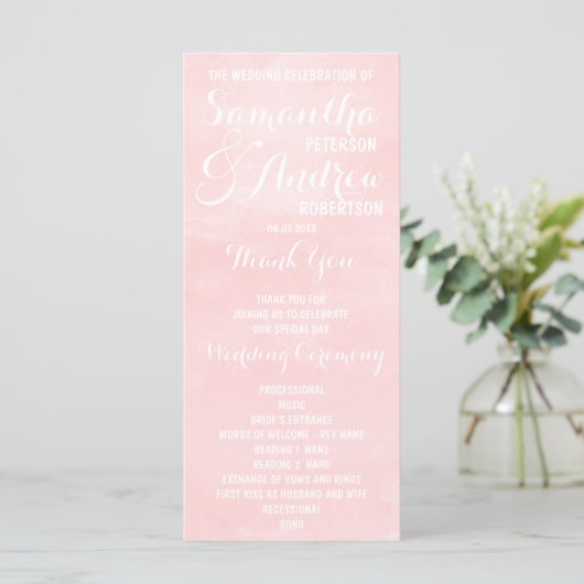 Modernes Hochzeitsprogramm mit Rosa Aquarell Programm (Stehend Vorderseite)