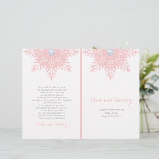 Modernes Hochzeitsprogramm mit Schneeflocken in Ro (Stehend Vorderseite)