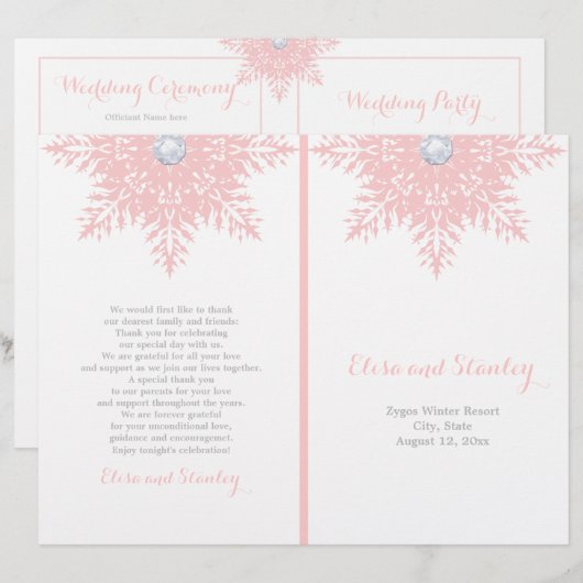 Modernes Hochzeitsprogramm mit Schneeflocken in Ro (Vorne/Hinten)
