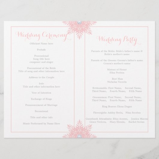 Modernes Hochzeitsprogramm mit Schneeflocken in Ro (Rückseite)