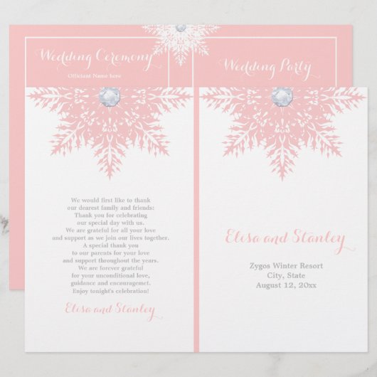 Modernes Hochzeitsprogramm mit Schneeflocken, rosa (Vorne/Hinten)