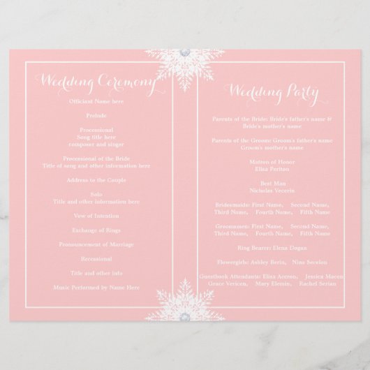 Modernes Hochzeitsprogramm mit Schneeflocken, rosa (Rückseite)