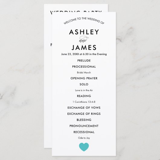 Modernes Hochzeitsprogramm mit türkisfarbenem Herz Programm (Vorne/Hinten)