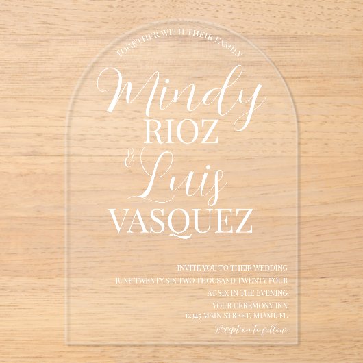 Modernes Hochzeitsskript weiß Acryleinladungen (Vorderseite)