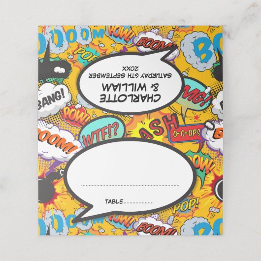 Modernes Hochzeitsstipps-Comic Platzkarte (Außenseite Aufgefaltet)