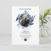 Modernes Hochzeitsszenario FOTO Blue Wreath Einladung (Stehend Vorderseite)