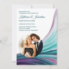 Modernes Hochzeitsszenario mit Lila und Aquamarine Einladung
