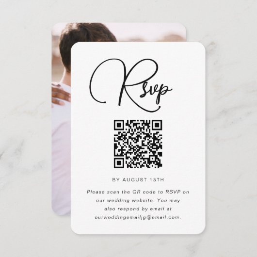 Modernes Hochzeitsszenario mit QR-Code und Foto RSVP Karte (Vorne/Hinten)